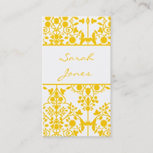 Yellow White Floral Damask Business Card