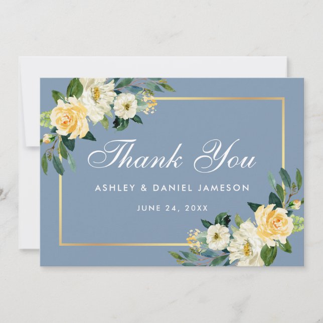 Yellow White Floral Dusty Blue Wedding Thank You Card (Front)