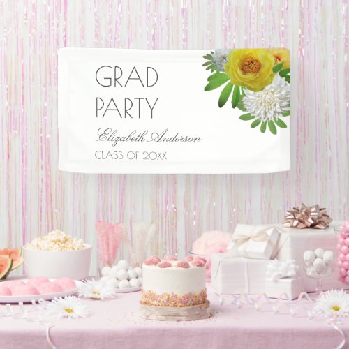 Yellow  White Floral Graduation Party Banner