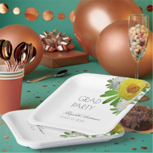 Yellow & White Floral Graduation Party Paper Plates