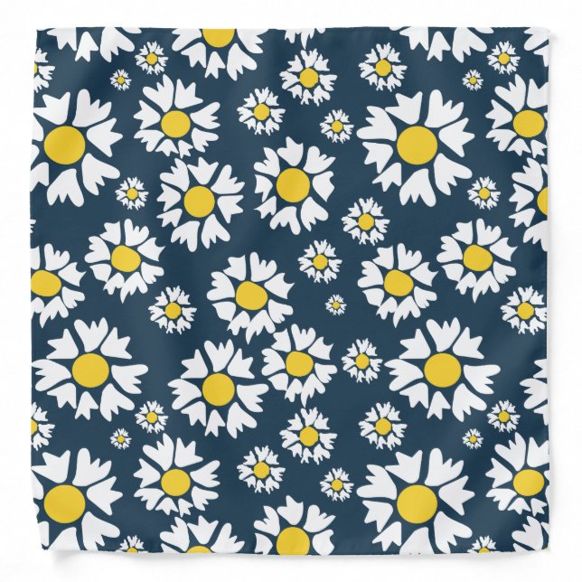 Yellow & white floral pattern on blue background bandana (Front)