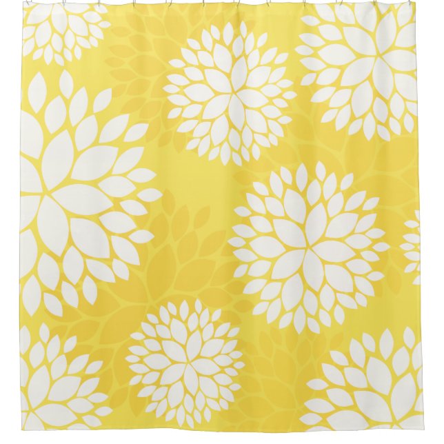 Yellow White Floral Pattern Shower Curtain (Front)