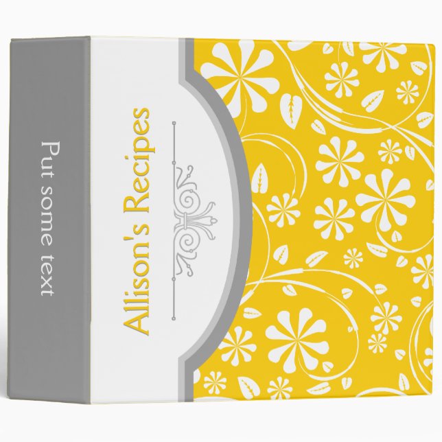 Yellow, white floral pattern with frame recipe 3 ring binder (Front/Spine)