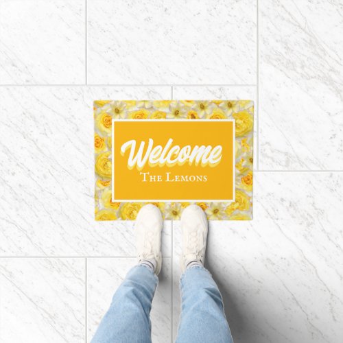 Yellow  White Floral Personalize Entryway Welcome Doormat