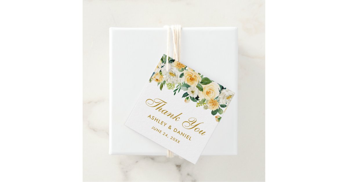 Yellow White Floral Wedding Thank You Gold Favor Tags | Zazzle