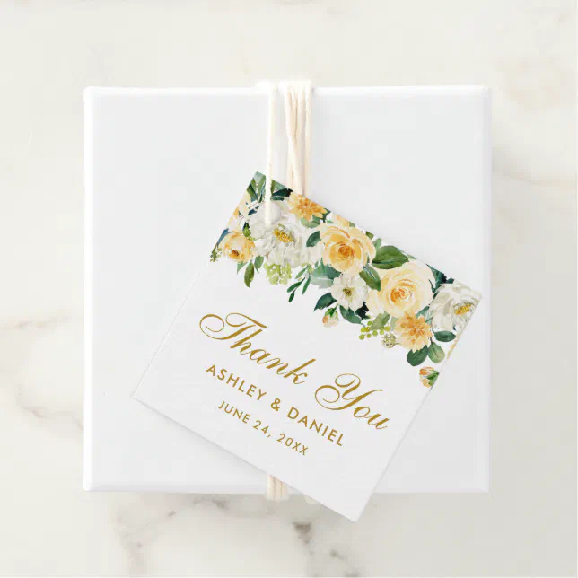 Yellow White Floral Wedding Thank You Gold Favor Tags | Zazzle