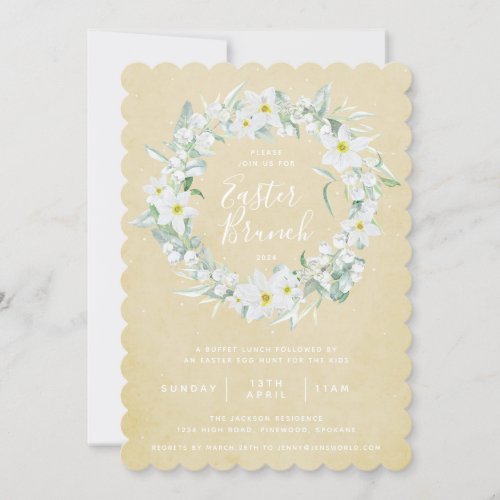 Yellow  White Floral Wreath Easter Brunch Invitation