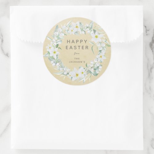 Yellow  White Floral Wreath Easter Message Classic Round Sticker