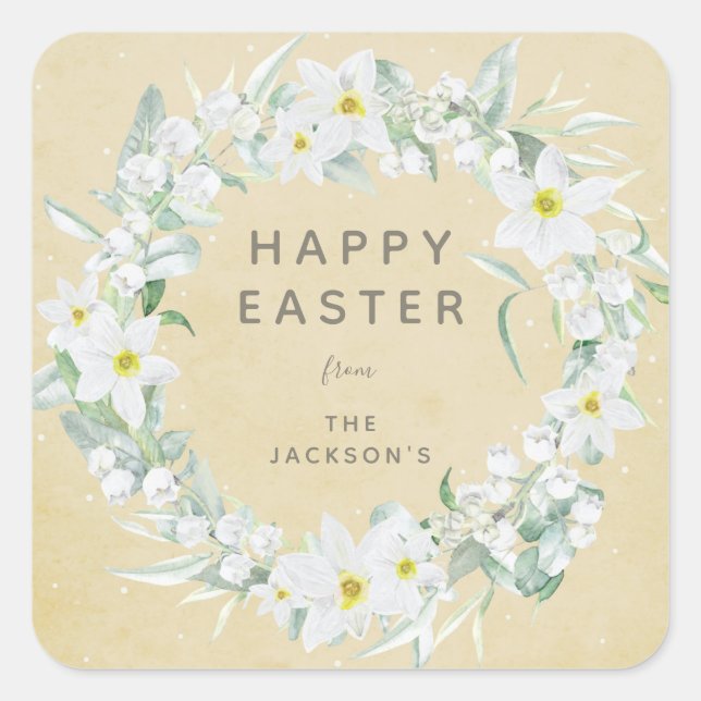 Yellow + White Floral Wreath Easter Message Square Sticker (Front)