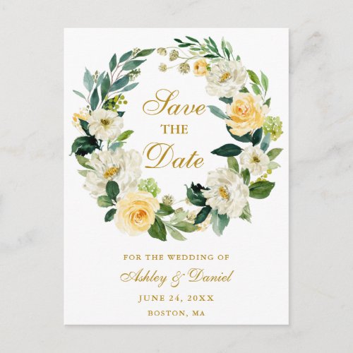 Yellow White Floral Wreath Gold Save the Date Announcement Postcard