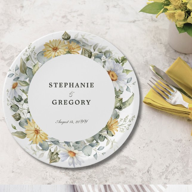 Yellow White Florals Wedding Paper Plates (Creator Uploaded)