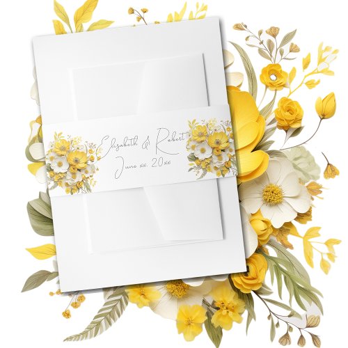 Yellow  White Flower Bouquet Invitation Belly Band