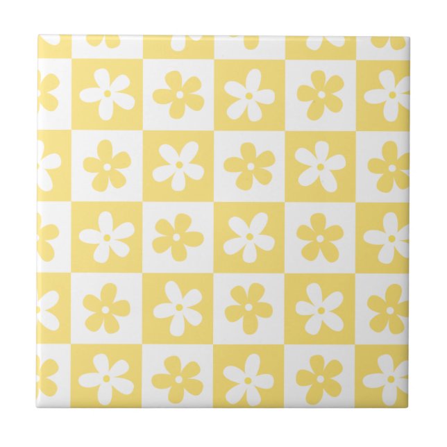 Yellow & White Flower Caro Pattern Ceramic Tile (Front)