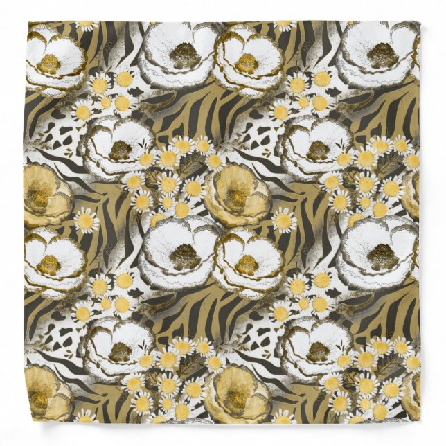 Yellow, white flowers on a tiger background  bandana (Front)