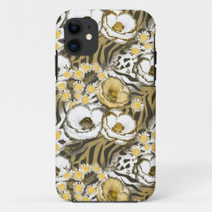 Yellow, white flowers on a tiger background iPhone 11 case