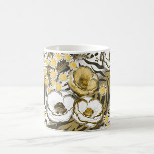 Yellow, white flowers on a tiger background coffee mug