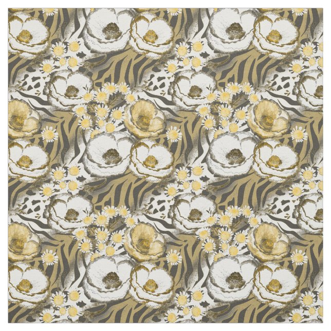 Yellow, white flowers on a tiger background fabric (Swatch)