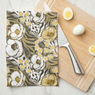 Yellow, white flowers on a tiger background kitchen towel