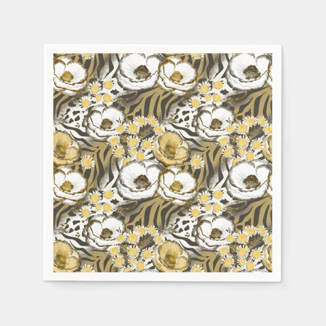 Yellow, white flowers on a tiger background napkins (Front)
