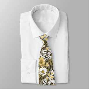 Yellow, white flowers on a tiger background  neck tie