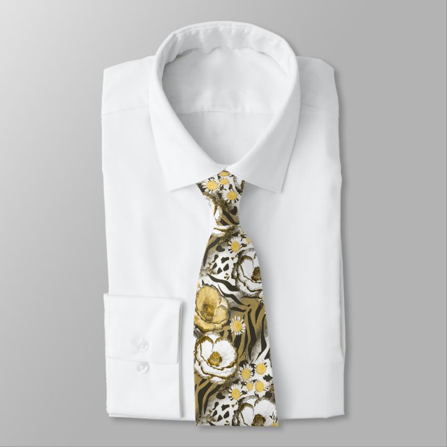 Yellow, white flowers on a tiger background  neck tie (Tied)