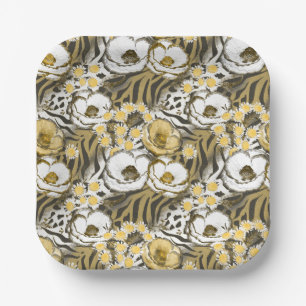 Yellow, white flowers on a tiger background  paper plates
