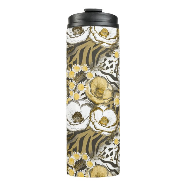 Yellow, white flowers on a tiger background  thermal tumbler (Front)