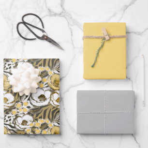 Yellow, white flowers on a tiger background  wrapping paper sheets