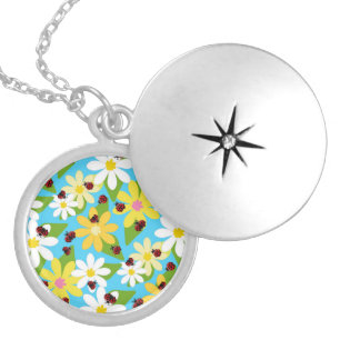 Yellow White Flowers Red Ladybug Beetle Locket Necklace