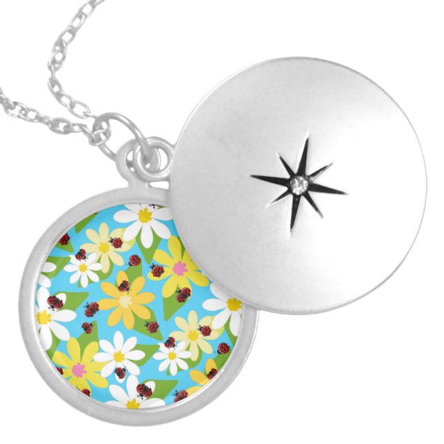 Yellow White Flowers Red Ladybug Beetle Locket Necklace (Front)