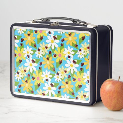 Yellow White Flowers Red Ladybug Beetle Metal Lunch Box