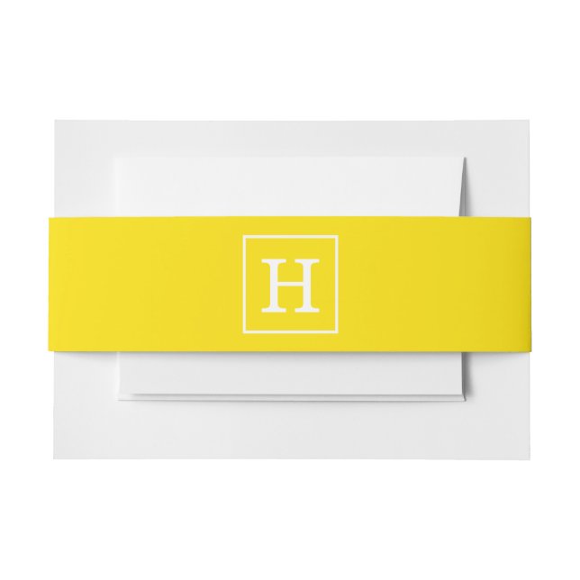 Yellow White Framed Initial Monogram Invitation Belly Band (Front Example)
