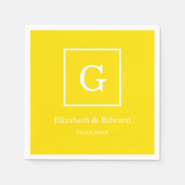 Yellow White Framed Initial Monogram Paper Napkins (Front)