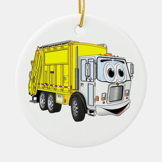 Yellow White Garbage Truck Cartoon Ceramic Ornament (Front)