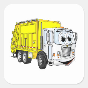 Yellow White Garbage Truck Cartoon Square Sticker