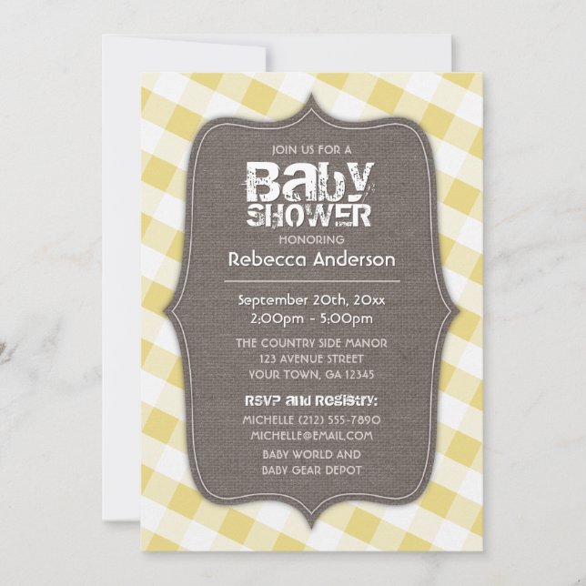 Yellow & White Gingham Canvas Baby Shower Invitation (Front)