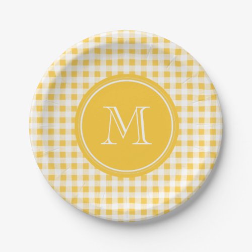 Yellow White Gingham Pattern Your Monogram Paper Plates