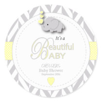 Yellow, White Gray Elephant Baby Shower Classic Round Sticker