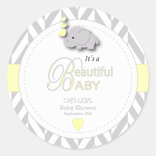 Yellow White Gray Elephant Baby Shower Classic Round Sticker