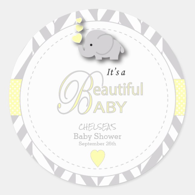Yellow, White Gray Elephant Baby Shower Classic Round Sticker (Front)