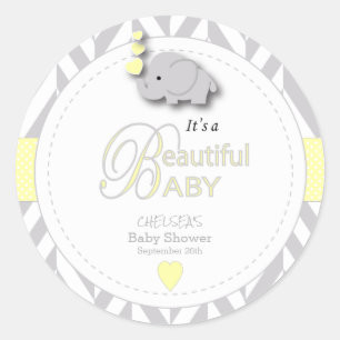 Yellow, White Gray Elephant Baby Shower Classic Round Sticker