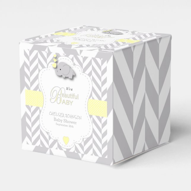 Yellow, White Gray Elephant Baby Shower Favor Boxes (Front Side)