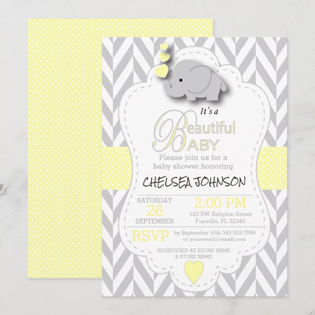 Yellow, White Gray Elephant 🐘 Baby Shower Invitation (Front/Back)