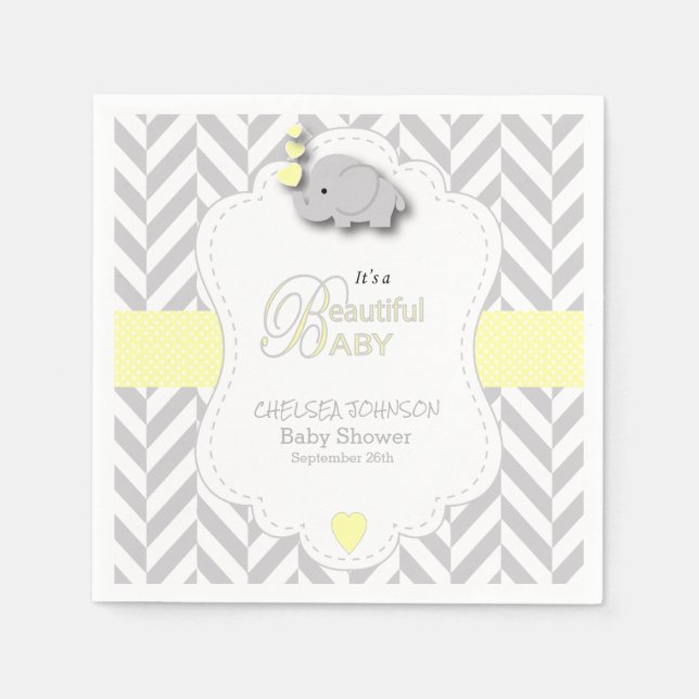 Yellow, White Gray Elephant Baby Shower Napkins (Front)