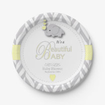 Yellow, White Gray Elephant Baby Shower Paper Plates