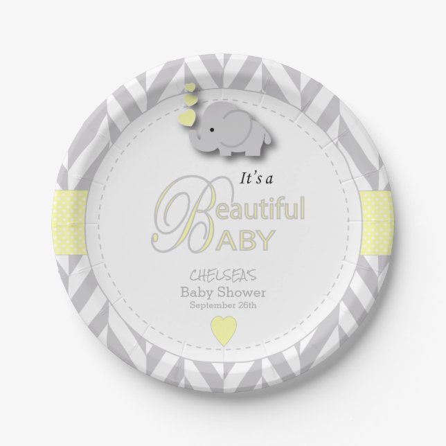 Yellow, White Gray Elephant Baby Shower Paper Plates (Front)