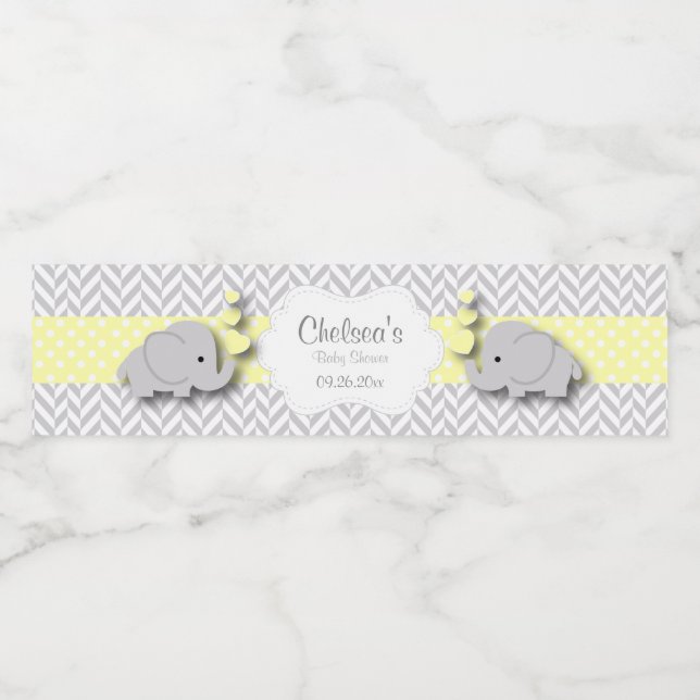 Yellow, White Gray Elephant Baby Shower Water Bottle Label (Single Label)