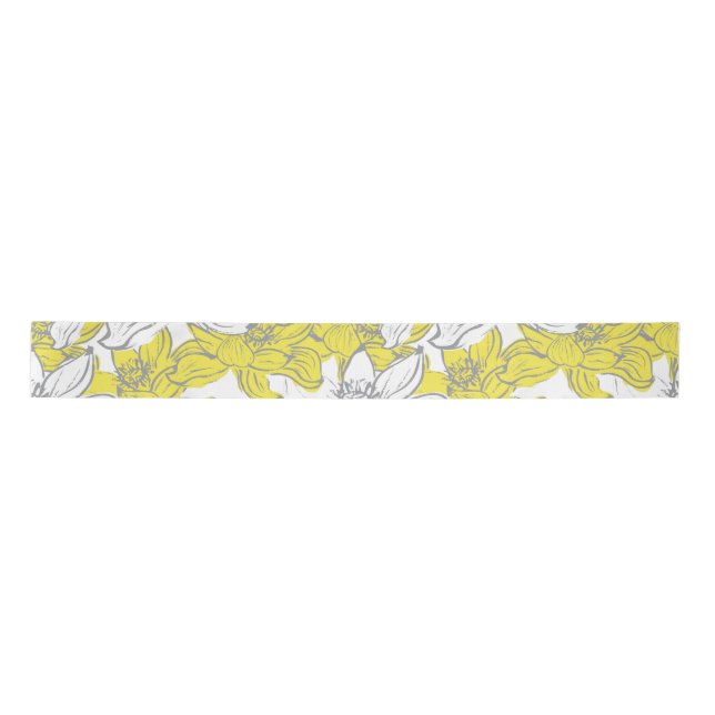 Yellow White Gray Floral  Satin Ribbon (Front)