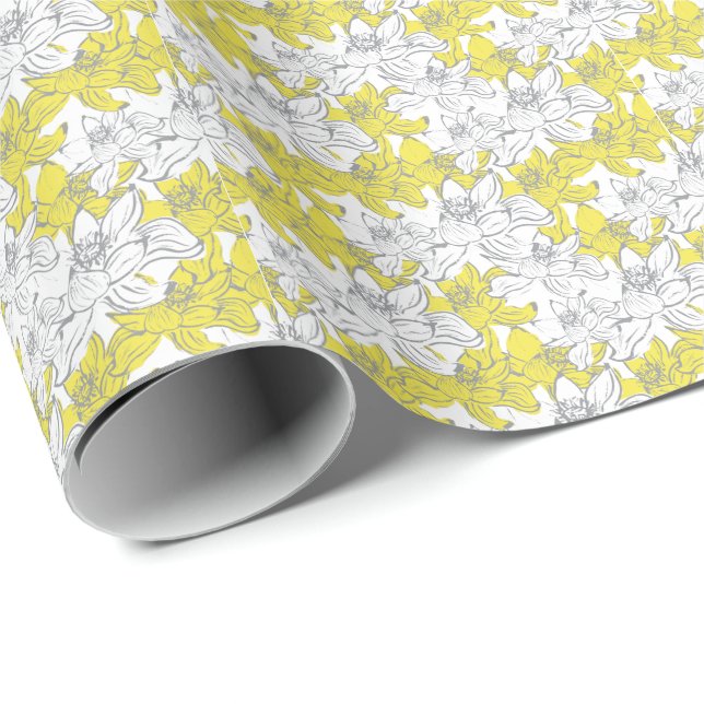Yellow White Gray Floral Wrapping Paper (Roll Corner)