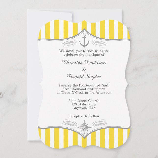 Yellow White Gray Nautical Wedding Invitation (Front)